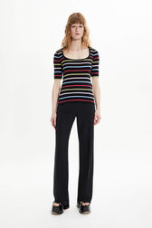 Women Picot Multicolor Striped Open Neck T-Shirt Multico black striped front worn view