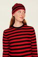 Women Poor Boy Striped Wool Beanie Black/red front worn view