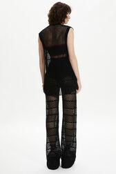 Women Striped Openwork Lace Tank Top Black back worn view