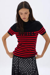 Striped short-sleeved woolen sweater Black/red details view 1