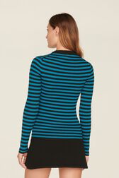Women Multicoloured Striped Rib Sock Knit Sweater Striped black/pruss.blue back worn view