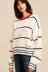 Pull rayé col contrastant femme Ecru vue portée de face