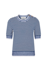 Pull col rond à manches courtes marinière en coton mélangée Raye blanc / bleu vue de face