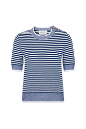 Pull col rond à manches courtes marinière en coton mélangée Raye blanc / bleu vue de face