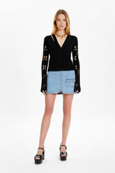 Women Black Cardigan Knit Openwork Flower Black front worn view