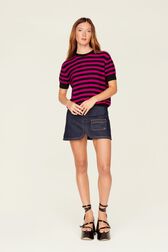Sweater manches courtes Big Poor Boy rayé femme Raye noir/fuchsia vue portée de face