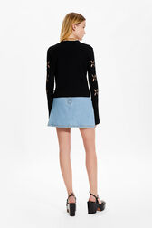 Women Black Cardigan Knit Openwork Flower Black back worn view