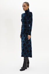 Robe midi cintrée motif baroque en jersey velours devoré Bleu vue de détail 1