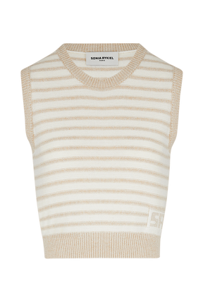 Top sans manches bicolore femme Raye ecru/beige vue de face
