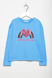 Long-Sleeved Oversized Printed Girl T-shirt Blue front view