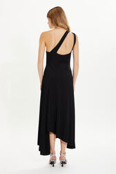 Draped asymmetrical jersey dress Black back worn view