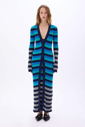 Cardigan long rayé Rayures bleu/silver vue portée de face