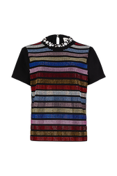 Short-sleeved rhinestone embroidered jersey T-shirt Multico crea striped front view