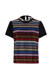 Short-sleeved rhinestone embroidered jersey T-shirt Multico crea striped front view