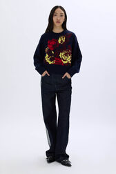Boxy round-neck sweater Navy front worn view