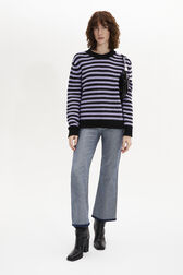 Striped Long-Sleeved Crew Neck Sweater Striped black/lilac front worn view