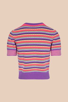 Pull manches courtes rayé multicolore pastel femme Lilas vue de dos