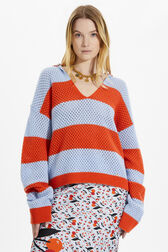 Women Two-Colour Openwork Fishnet Jacket Striped coral/baby blue details view 1