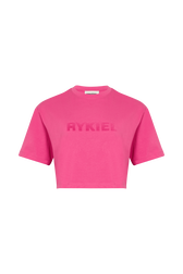 T-shirt crop col rond manches courtes Rose vue de face