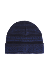 Fair Isle Print Wool Knit Beanie Hat Blue front view