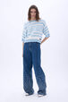 Striped cotton sweater White/skyblue stripe front worn view