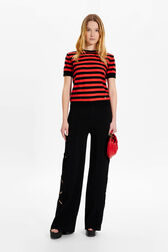 Women Poor Boy Striped Short Sleeve Sweater Striped black/coral front worn view