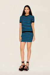 Women Poor Boy Striped Short Sleeve Sweater Striped black/pruss.blue front worn view