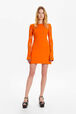 Women Openwork Floral Knit Mini Dress Coral front worn view