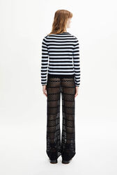 Women Striped Openwork Lace Trousers Black back worn view