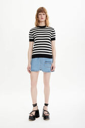 Women Poor Boy Striped Short Sleeve Sweater Black/white front worn view