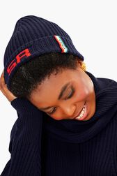 Bonnet SR Raye noir/bleu vue portée de face