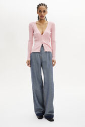Long-Sleeved V-Neck Cardigan Pink front worn view