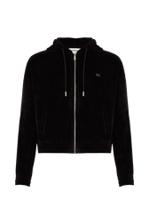 Long-sleeved velvet hoodie Black front view