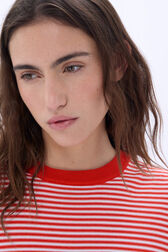 Short striped sweater with round neck and short sleeves Tangerine/white stripe details view 1