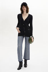Long-Sleeved V-Neck Cardigan Black front worn view
