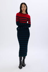 Striped knitted dress with stand-up collar Striped blue/red front worn view