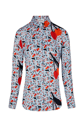 Women Cherry Print Twill Classic Shirt Baby blue front view