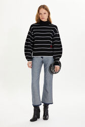Striped Wool Knit Turtleneck Sweater Black/white front worn view