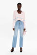 Women Colourful Stripes Wide Viscose Cardigan Baby pink front worn view