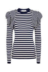 Pull manches longues rayé à volants Raye blanc / bleu vue de face