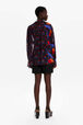 Women Cherry Print Viscose Shirt Black back worn view