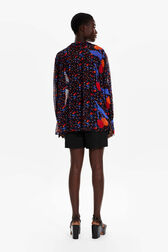 Women Cherry Print Viscose Shirt Black back worn view