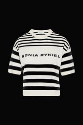Women Striped Short Sleeve Sweater Black/white front view