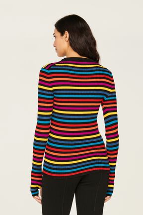 Women Multicoloured Striped Rib Sock Knit Sweater Multico striped rf back worn view