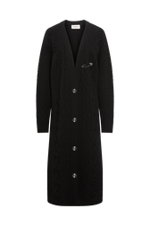 Long cable-knit woolen cardigan Black front view