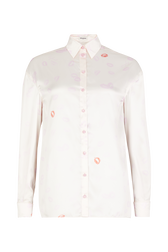 Classic satin shirt with mouth motif print Ecru lips front view