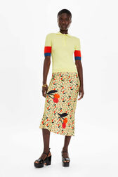 Women Cherry Print Twill Midi Skirt Baby yellow front worn view