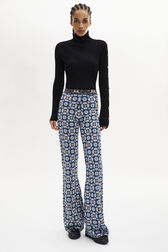 Flower Jacquard Knit High-Waisted Flared Trousers Blue front worn view