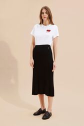 Women Ribbed Knit Long Skirt Black front worn view