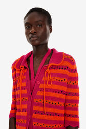 Gilet court rayures ajourées femme Raye fuchsia/corail vue de détail 2
